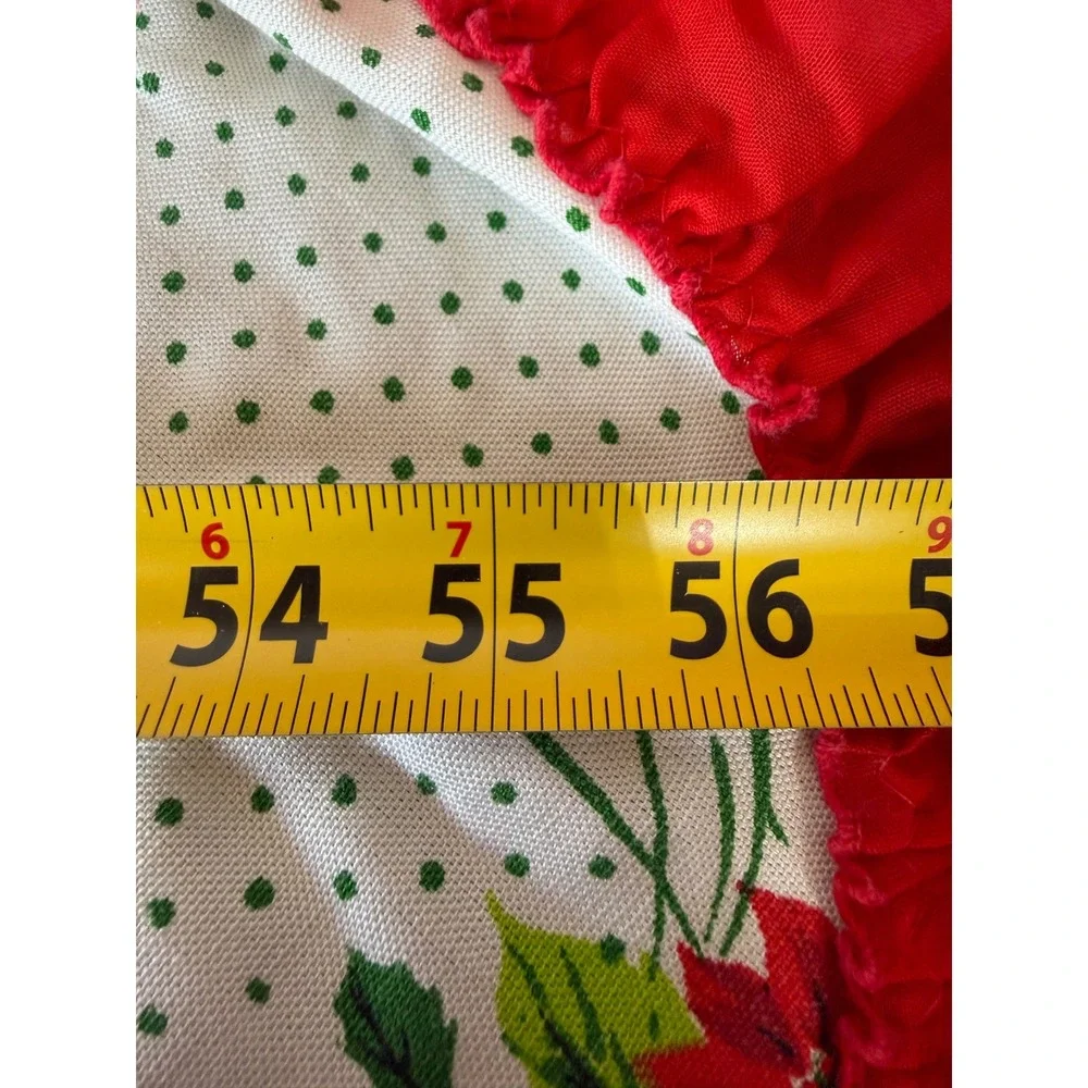 Vintage Christmas Tablecloth Poinsettia Polka Dot Red Ruffle Round 55 Inch